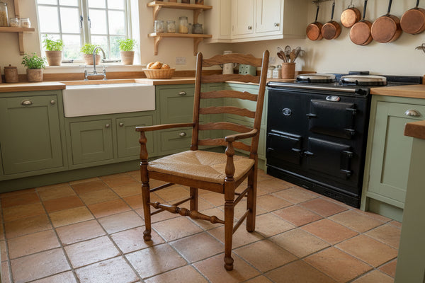 Ladderback carver with rush seats in a country kitchen with tiled floor