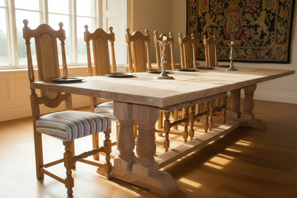 Handmade oak Twin Pillar dining table in a room with a large window