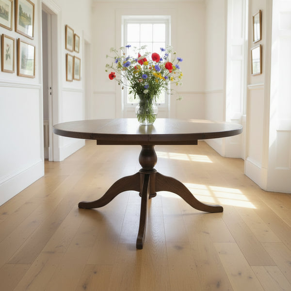 Heavy pedestal dining table with a vase of British wild flowers in a sunny hallway
