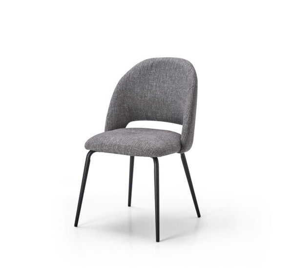 A modern dining chair with a textured gray fabric upholstered seat and curved backrest, supported by slim black metal legs, shown against a plain white background.