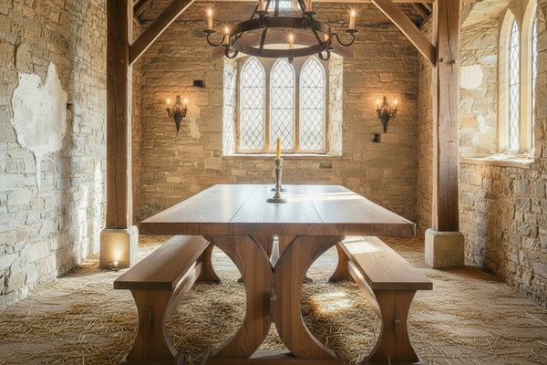 Handmade oak Moselle dining table in a candlelit old medieval barn with oak benches