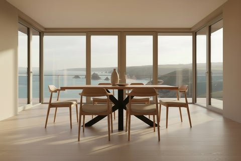 Sussex oak and steel angled base dining table in dining room overlooking the sea in Cornwall