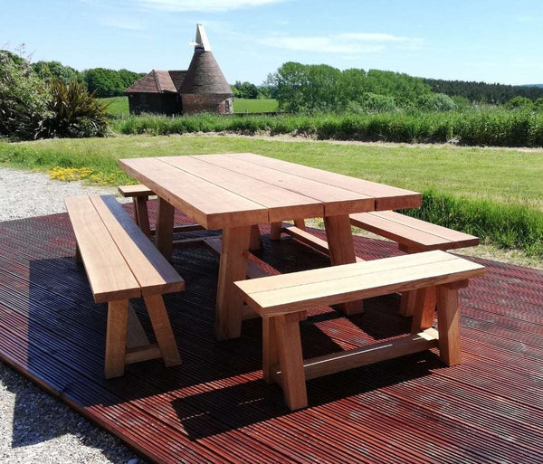 Oak trestle benches with table
