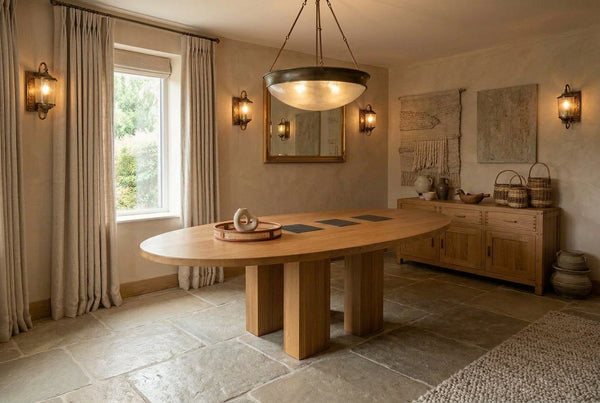 Oval oak dining table with 4 slate inserts in a high profile dining room in Surrey