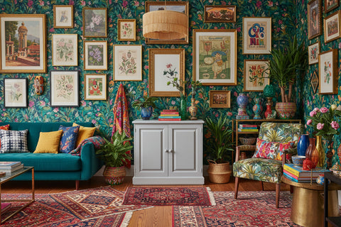 Painted Pine 2 door linen cupboard in a colourful lounge