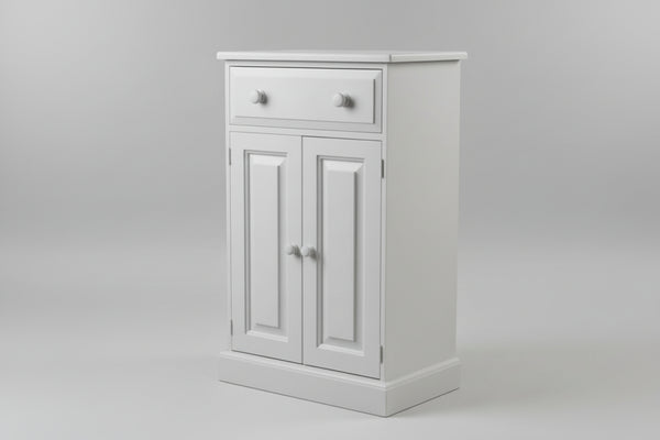 Light grey cabinet with two doors and one drawer on a white background