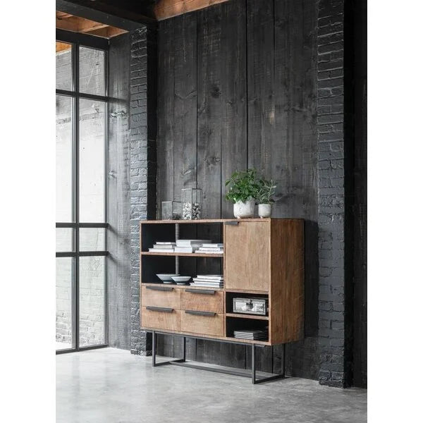 4 drawer 1 door reclaimed tek high sideboard with6 open niches for display on a black metal stand
