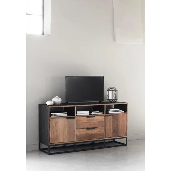 High TV stand with drawers and cupboards in a black metal framework