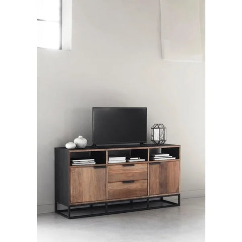 High TV stand with drawers and cupboards in a black metal framework
