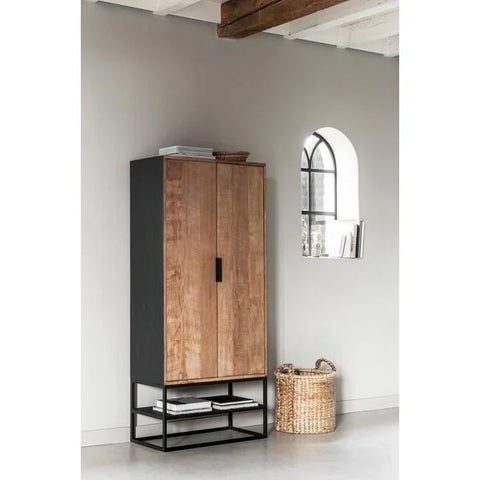 reclaimed teak 2 door cupboard with open storage below with black metal framework