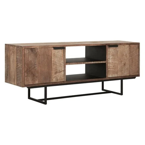 Reclaimed teak 2 door TV stand with an open niche for AV equipment on a black metal stand