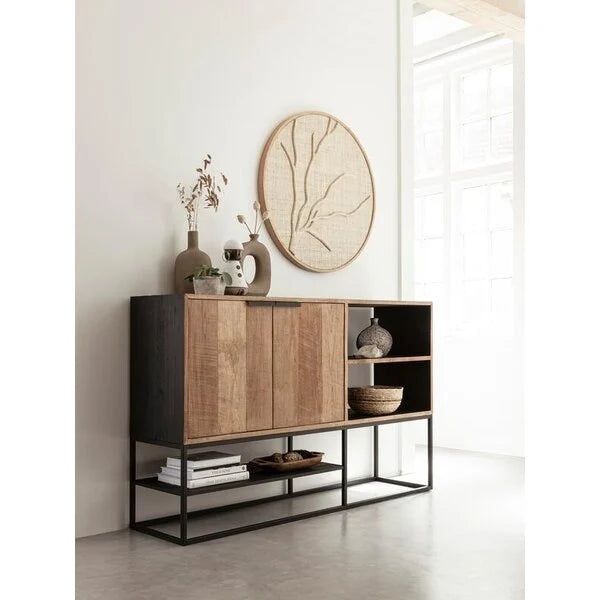 2 door sideboard in reclaimed teak with black metal framework and open niches