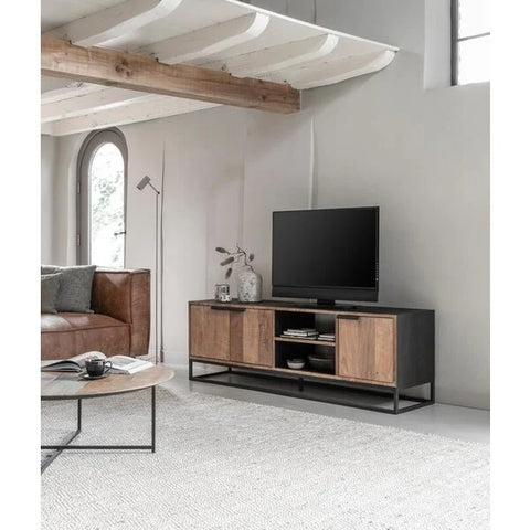 Reclaimed teak3 door tv cabinet with an open niche n a black metal framework