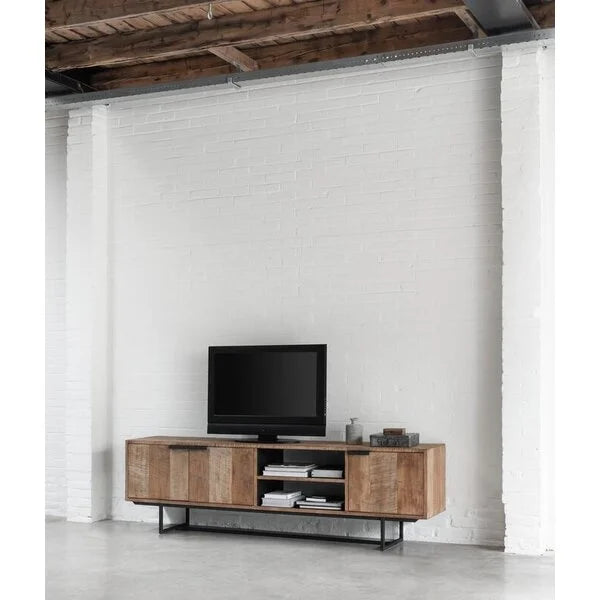 Widescreen TV cabinet with 3 doors an open niche in reclaimed teak with a black metal stand