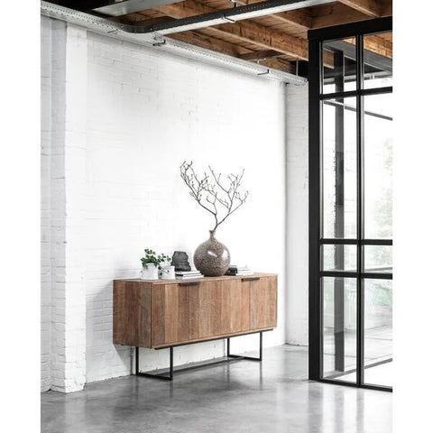 4 door large reclaimed teak sideboard with black metal stand