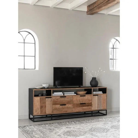 High Reclaimed teak TV stand with 4 drawers and 2 doors and open niches with a black metal framework