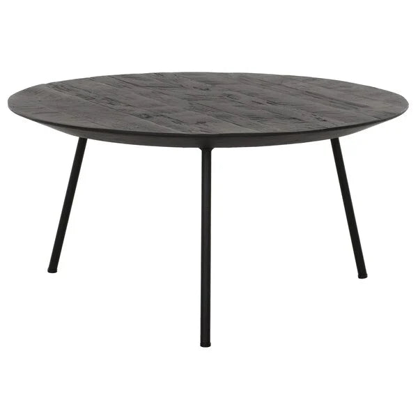 Reclaimed teak round coffee table in black on a black metal 3 leg base