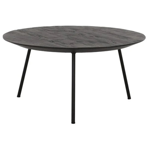 Reclaimed teak round coffee table in black on a black metal 3 leg base