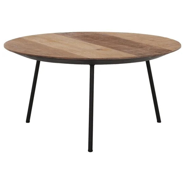 Reclaimed teak round coffee table on 3 splayed black metal legs