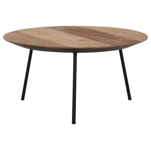 Reclaimed teak round coffee table on 3 splayed black metal legs