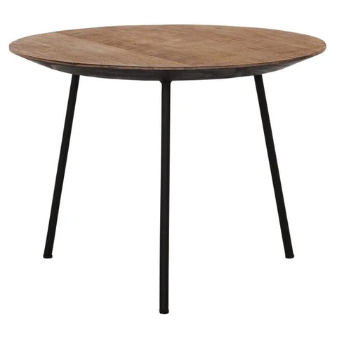 Rclaimed Teak round coffee table with a natural finish on 3 black metal legs