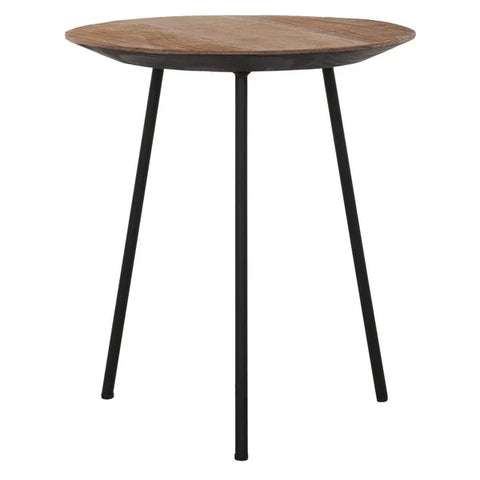 Reclaimed teak round coffee table with 3 tapered black pin legs