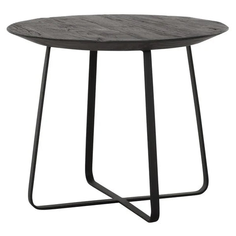 Round reclaimed teak coffee table on a blak metal trapezium style base wood is coloured black