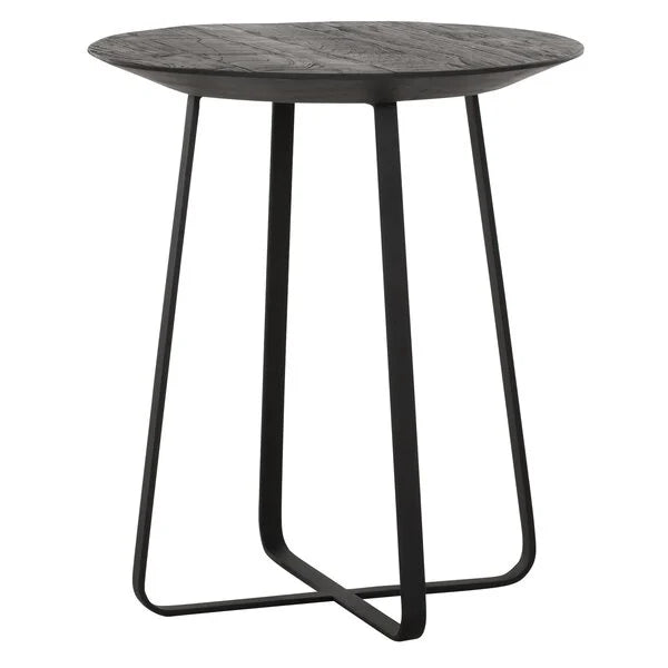 Round coffee or lamp table with a black metal trapezium base with a reclaimed teak top in a black colour