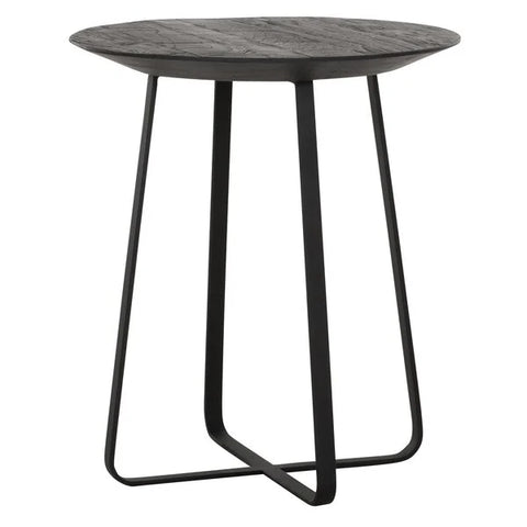 Round coffee or lamp table with a black metal trapezium base with a reclaimed teak top in a black colour