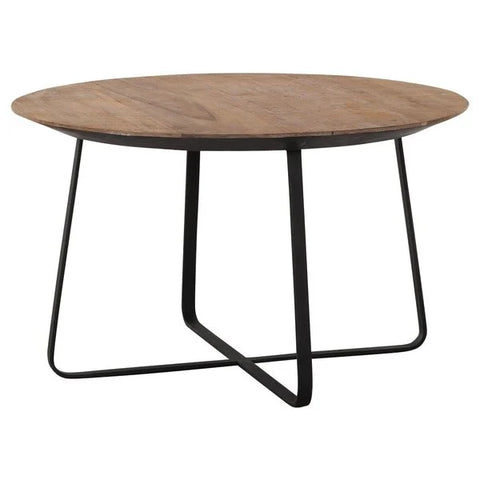 Reclaimed teak round coffee table on a black metal base teak is a natural colour