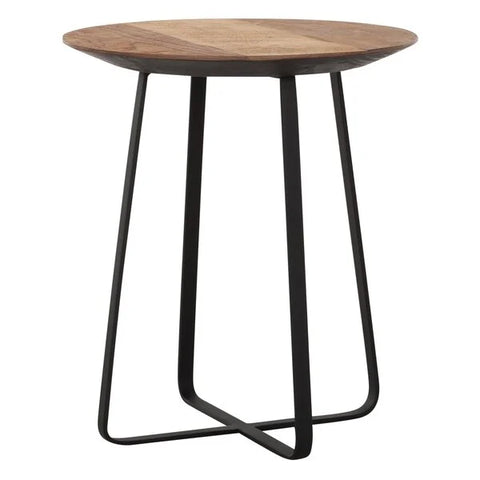 reclaimed teak coffee table on a twin trapezium shaped black metal base