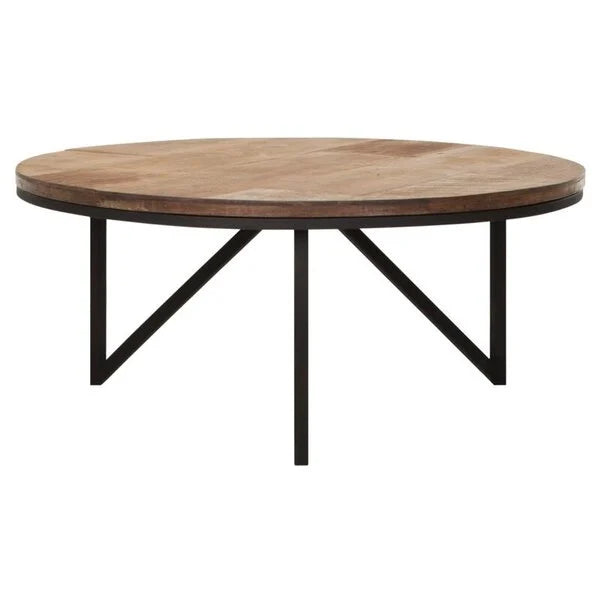 Round reclaimed coffee table on a black metal zigzag frame