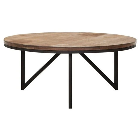 Round reclaimed coffee table on a black metal zigzag frame