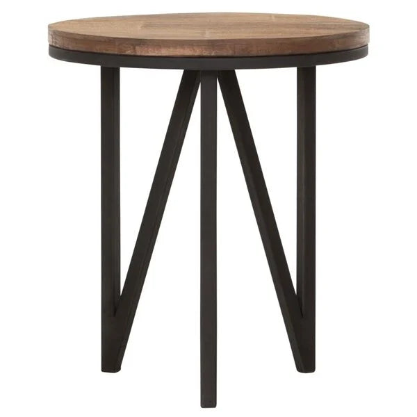 Reclaimed teak small round coffee table with a teak top and a black metal zigzag base