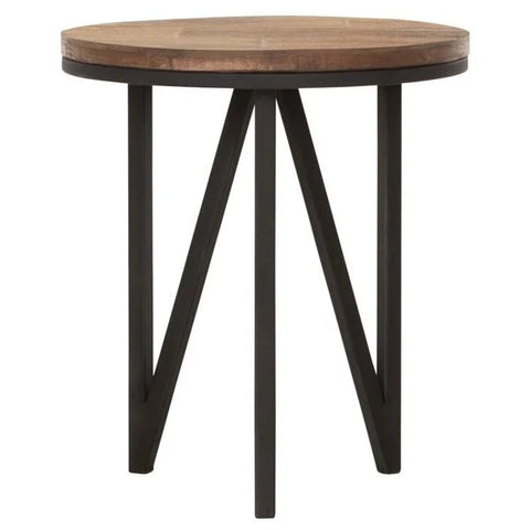 Reclaimed teak small round coffee table with a teak top and a black metal zigzag base