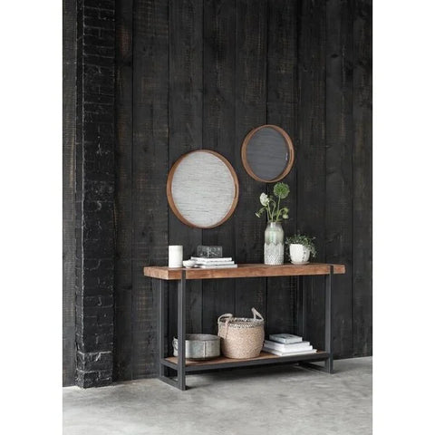 Reclaimed teak console table with a bottom shelf and a steel framework