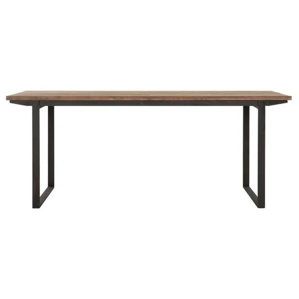 Reclaimed teak Odeon dining table with square black metal legs and a slim teak top