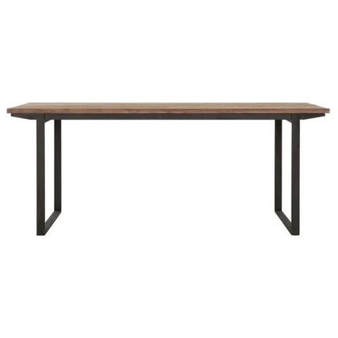 Reclaimed teak Odeon dining table with square black metal legs and a slim teak top