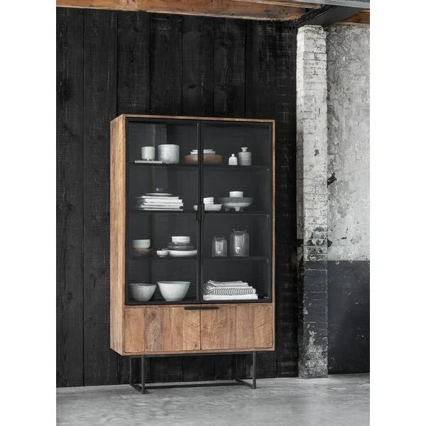 Tall reclaimed teak display cabinet ith cupboards below on a black metal stand