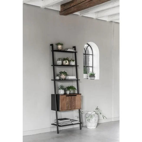 Leaning ladder/bookcase shelving in recalamed teak and metal framework