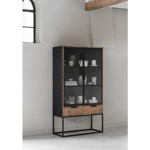 Reclaimed teak Tall glass-fronted cabinet with wooden lower section with black metal framework 