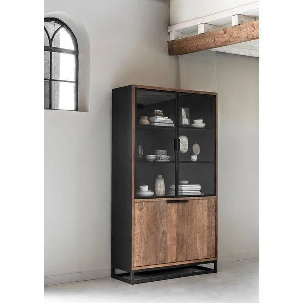 Reclaimed teak glazed display cabinet with metal framework and cupboards below