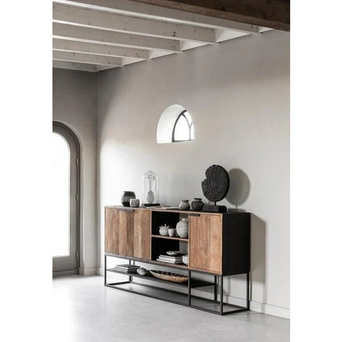 3 door large teak sideboard with open niches and black metal framework