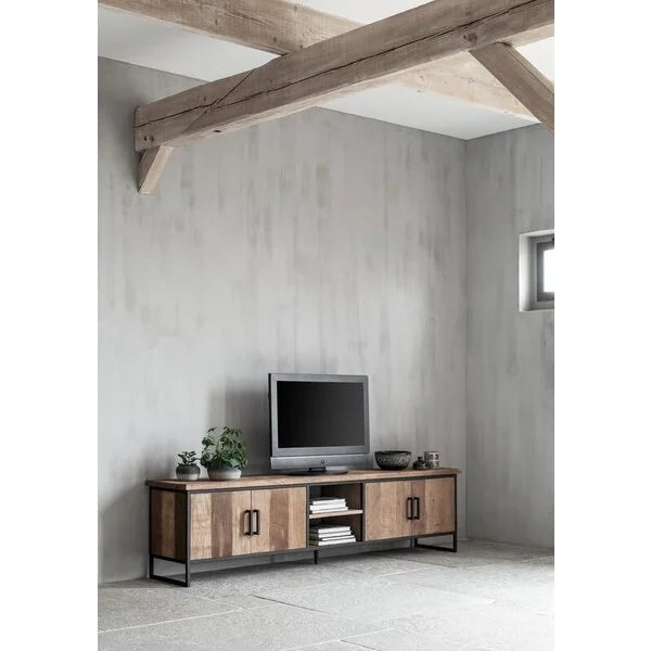 Large reclaimed teak TV stand with 2 double cupboards and an open niche