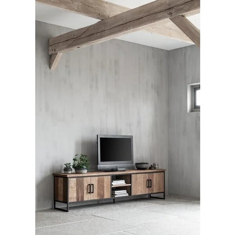 Large reclaimed teak TV stand with 2 double cupboards and an open niche