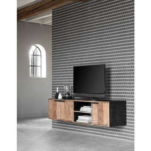 Reclaimed teak wall hanging TV cabinet with 3 doors and an open niche for AV equipment