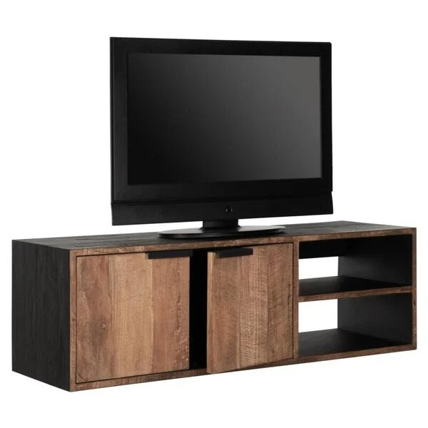 Reclaimed teak wall hanging TV cabinet with 2 x doors and an open niche