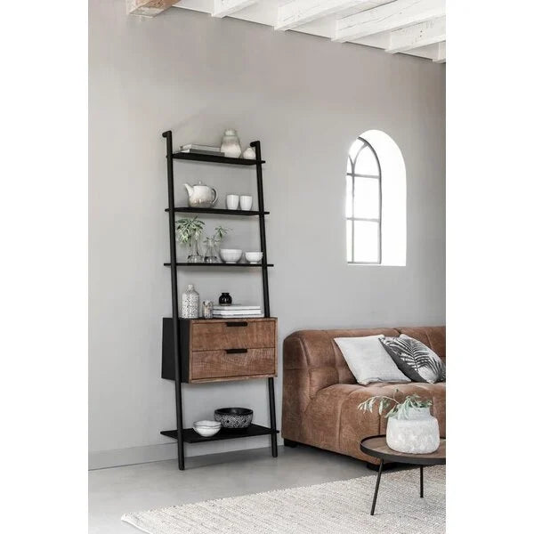Leaning ladder/bookcase shelving in recalamed teak and metal framework with 2 drawers