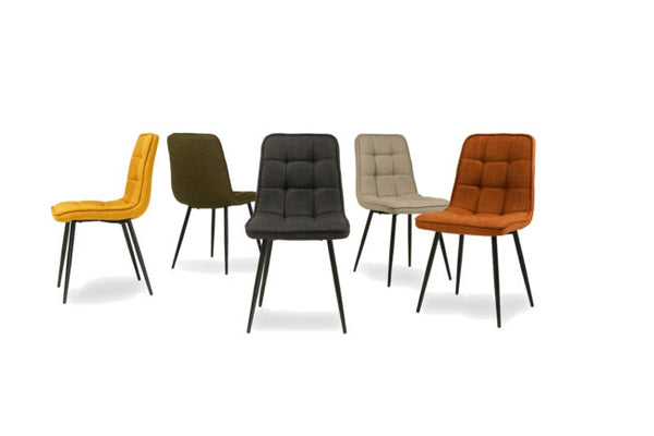 Five modern upholstered dining chairs with black metal legs, shown in yellow, olive green, charcoal gray, beige, and rust orange on a white background.