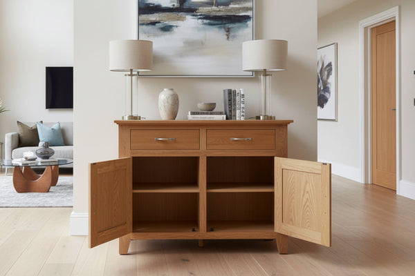 2 Drawer 2 Door Staplecross oak sideboard with doors open in a modern room in new build in Surrey